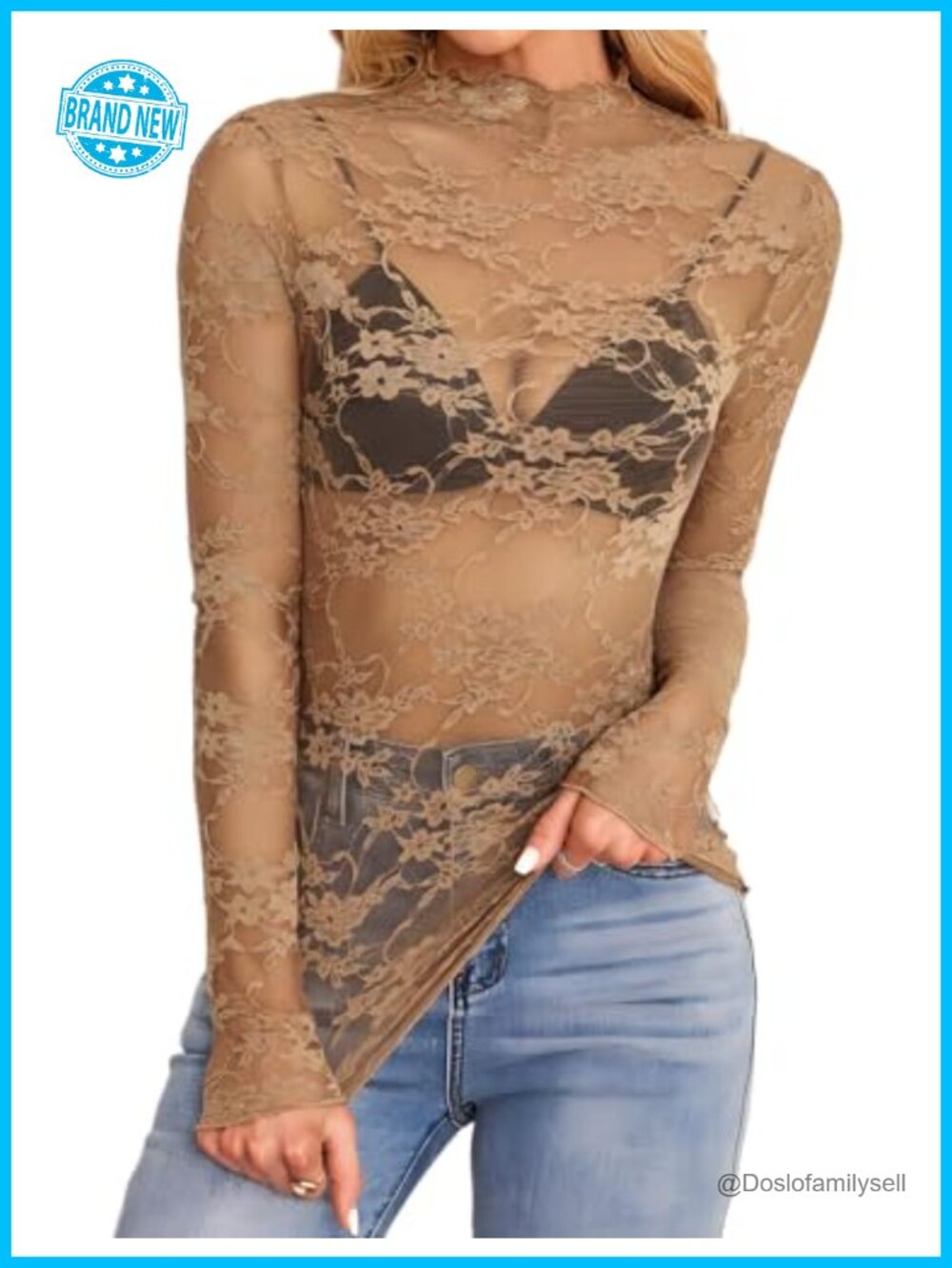 Floral Lace Mesh Long Sleeve Mock Neck Sheer Fitted Blouse Party Night Out Top